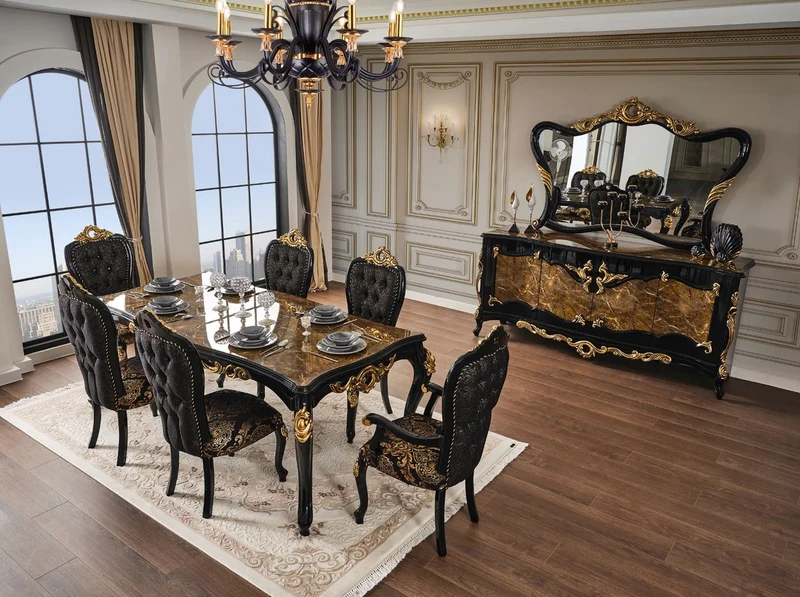 Casa Padrino Luxus Barock Esszimmer Set Braun / Schwarz / Gold - 1 Esstisch mit Tischplatte in Marmoroptik & 6 Esszimmerstühle - Prunkvolle Esszimmer Möbel im Barockstil