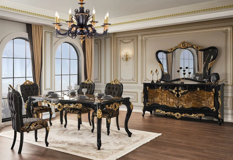 Casa Padrino Luxus Barock Esszimmer Set Braun / Schwarz / Gold - 1 Esstisch mit Tischplatte in Marmoroptik & 6 Esszimmerstühle - Prunkvolle Esszimmer Möbel im Barockstil