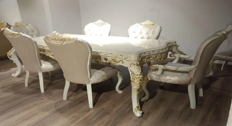 Casa Padrino Luxus Barock Esszimmer Set Grau / Weiß / Gold - 1 Barock Esstisch & 6 Barock Esszimmerstühle mit elegantem Muster - Esszimmer Möbel im Barockstil - Edel & Prunkvoll