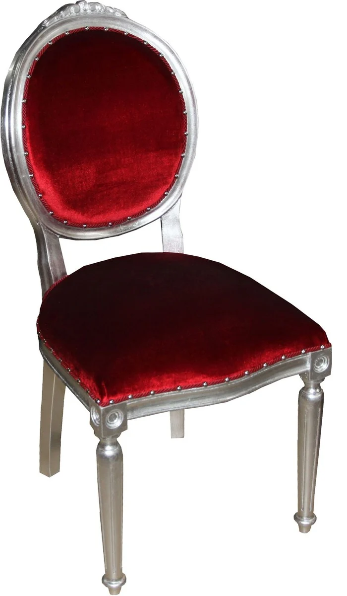 Casa Padrino Barock Medaillon Luxus Esszimmer Stuhl ohne Armlehnen in Bordeaux / Silber - Limited Edition