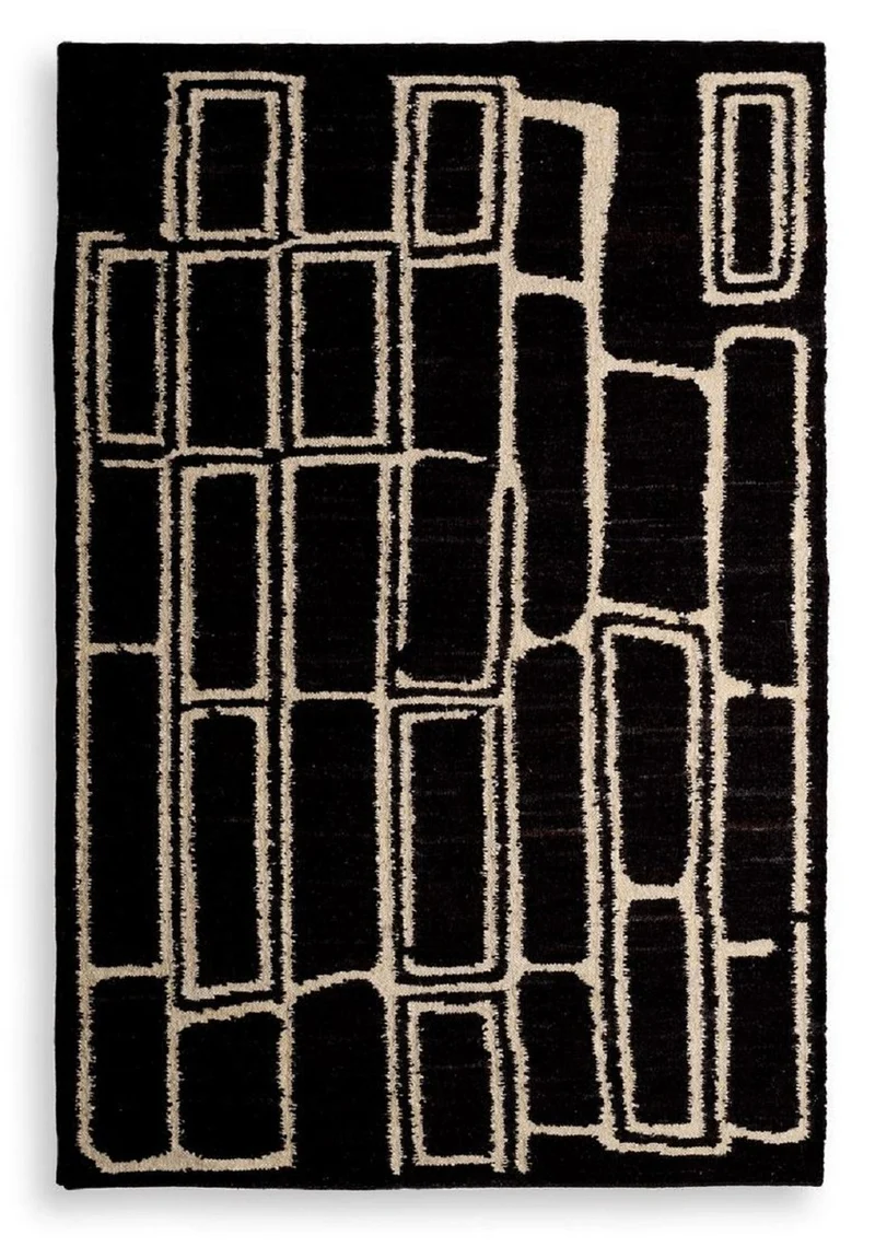 Casa Padrino Luxus Woll Teppich Schwarz / Elfenbein 200 x 300 cm - Handgewebter Wohnzimmer Teppich - Wohnzimmer Deko Accessoires - Luxus Möbel - Luxus Interior