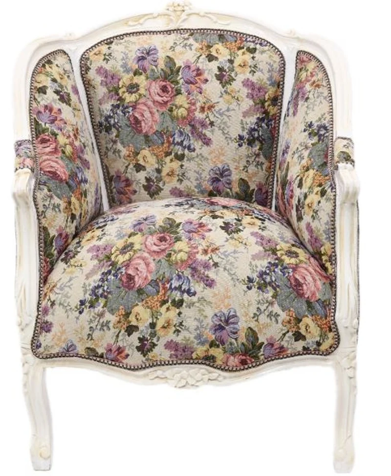 Casa Padrino Barock Lounge Sessel Weiss / Blumenmuster 70 cm x H. 100cm - Massivholz