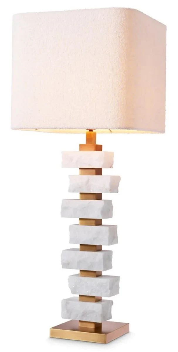 Casa Padrino Luxus Tischleuchte Weiß / Antik Messing / Creme 35,5 x 35,5 x H. 89 cm - Schreibtischleuchte mit quadratischem Lampenschirm - Luxus Tischleuchten - Luxus Schreibtischleuchten