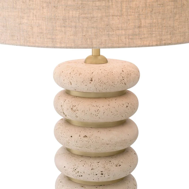 Casa Padrino Luxus Tischleuchte Beige / Antik Messing Ø 50 x H. 85 cm - Travertin Schreibtischleuchte mit rundem Lampenschirm - Luxus Tischleuchten - Luxus Kollektion