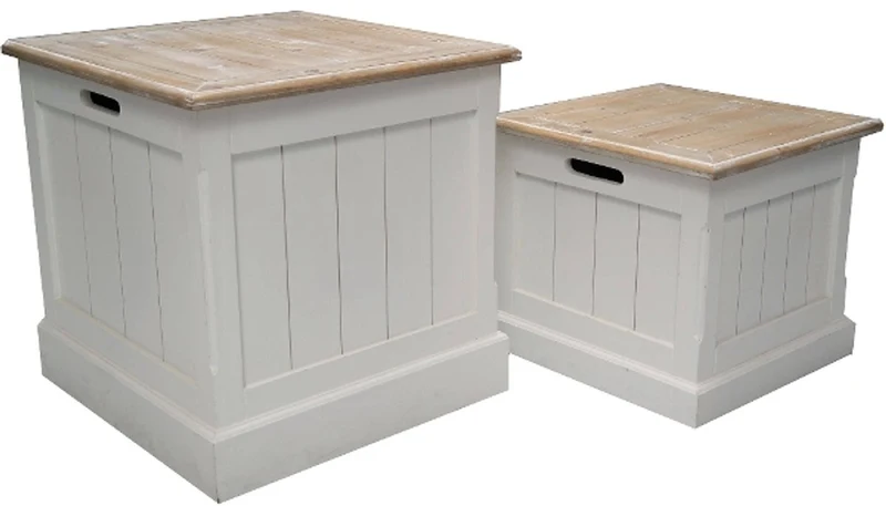Casa Padrino Landhausstil Truhen 2er Set Weiß / Naturfarben - Handgefertigte Holztruhen in Paneeloptik 40x40x40 cm / 50x50x50 cm