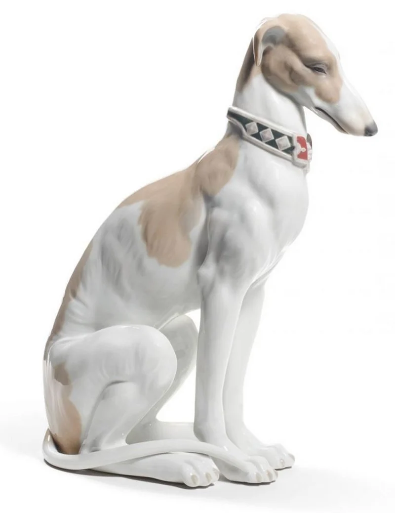 Casa Padrino Luxus Porzellan Skulptur Windhund Weiß / Braun 11 x H. 30 cm