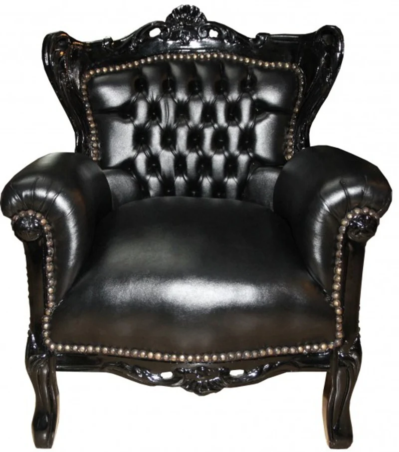 Casa Padrino Barock Kinder Sessel im exklusiven Design, Schwarz / Schwarz Lederoptik, Höhe 84 cm, Breite 58 cm