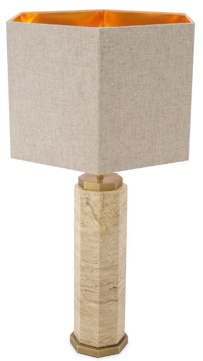 Casa Padrino Luxus Tischleuchte Beige / Antik Messing / Grau 46 x 46 x H. 84,5 cm - Travertin Schreibtischleuchte mit sechseckigem Lampenschirm - Luxus Tischleuchten - Luxus Schreibtischleuchten