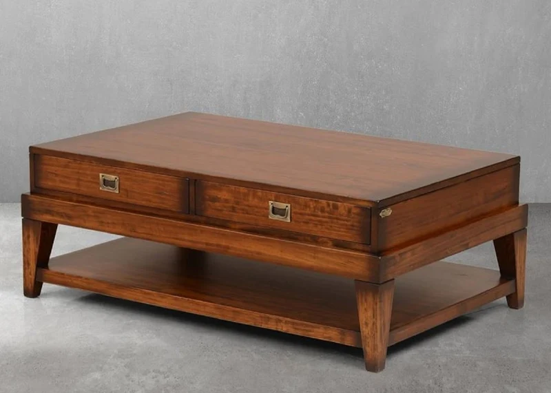 Casa Padrino Luxus Vintage Stil Couchtisch Braun / Messing 124 x 79 x H. 49 cm - Rechteckiger Massivholz Wohnzimmertisch mit Schubladen - Vintage Stil Wohnzimmer Möbel - Luxus Möbel