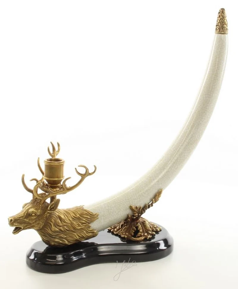 Casa Padrino Kerzenhalter Hirsch Geweih Trophäe Weiß / Gold / Schwarz 41 x 15,6 x H. 39,8 cm - Luxus Deko Kerzenständer