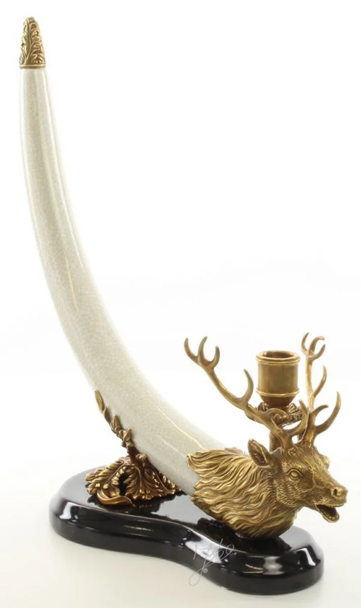 Casa Padrino Kerzenhalter Hirsch Geweih Trophäe Weiß / Gold / Schwarz 41 x 15,6 x H. 39,8 cm - Luxus Deko Kerzenständer