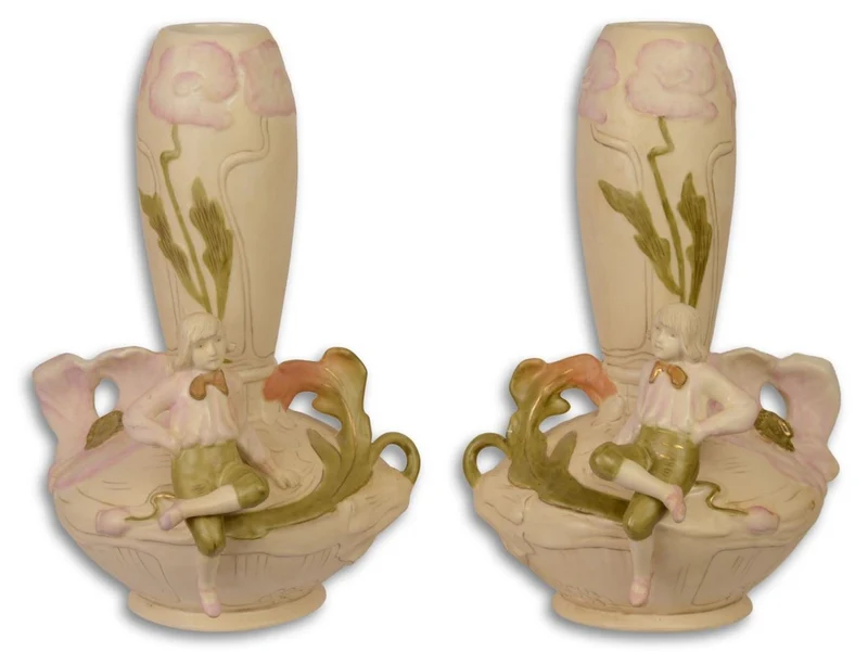 Casa Padrino Jugendstil Porzellan Blumenvasen Set Beige / Mehrfarbig 17,5 x 17 x H. 25,8 cm - Deko Vasen