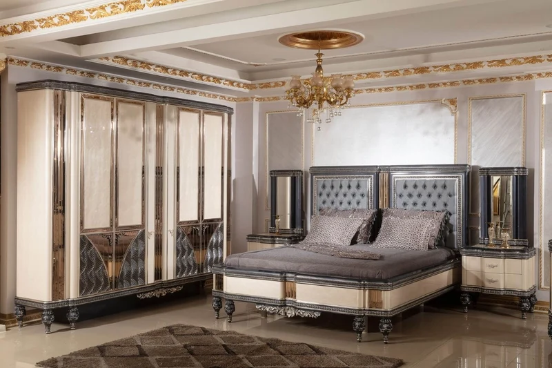 Casa Padrino Luxus Barock Schlafzimmer Set Hellblau / Beige / Schwarz / Gold - 1 Barock Doppelbett mit Kopfteil & 2 Barock Nachtkommoden - Luxus Schlafzimmer Möbel im Barockstil - Barock Interior