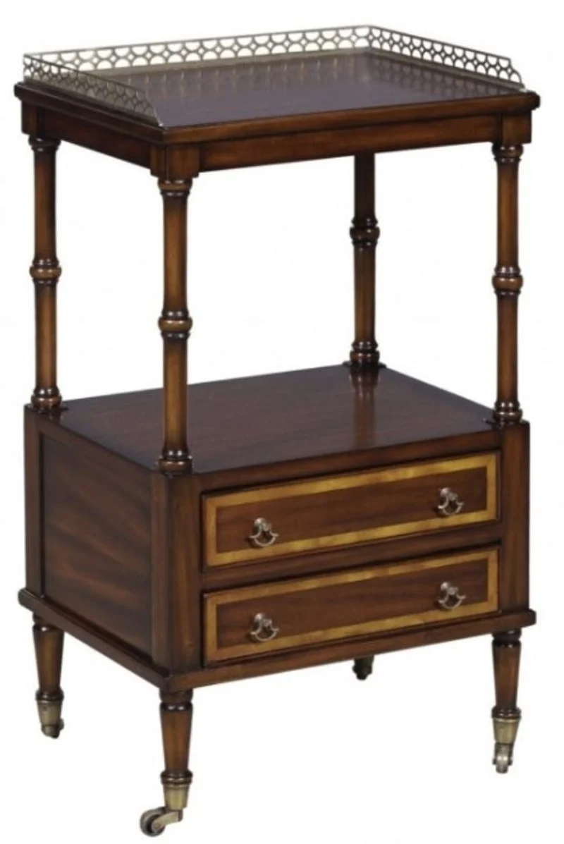 Casa Padrino Luxus Jugendstil Beistelltisch mit 2 Schubladen Dunkelbraun / Gold 42 x 33 x H. 74 cm - Telefontisch mit Rollen