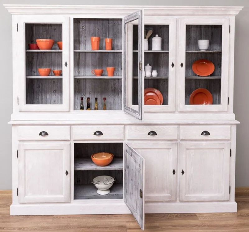 Casa Padrino Landhausstil Esszimmerschrank Hellgrau / Grau 230 x 45 x H. 200 cm - Massivholz Küchenschrank - Esszimmer Möbel im Landhausstil - Landhausstil Esszimmer Einrichtung