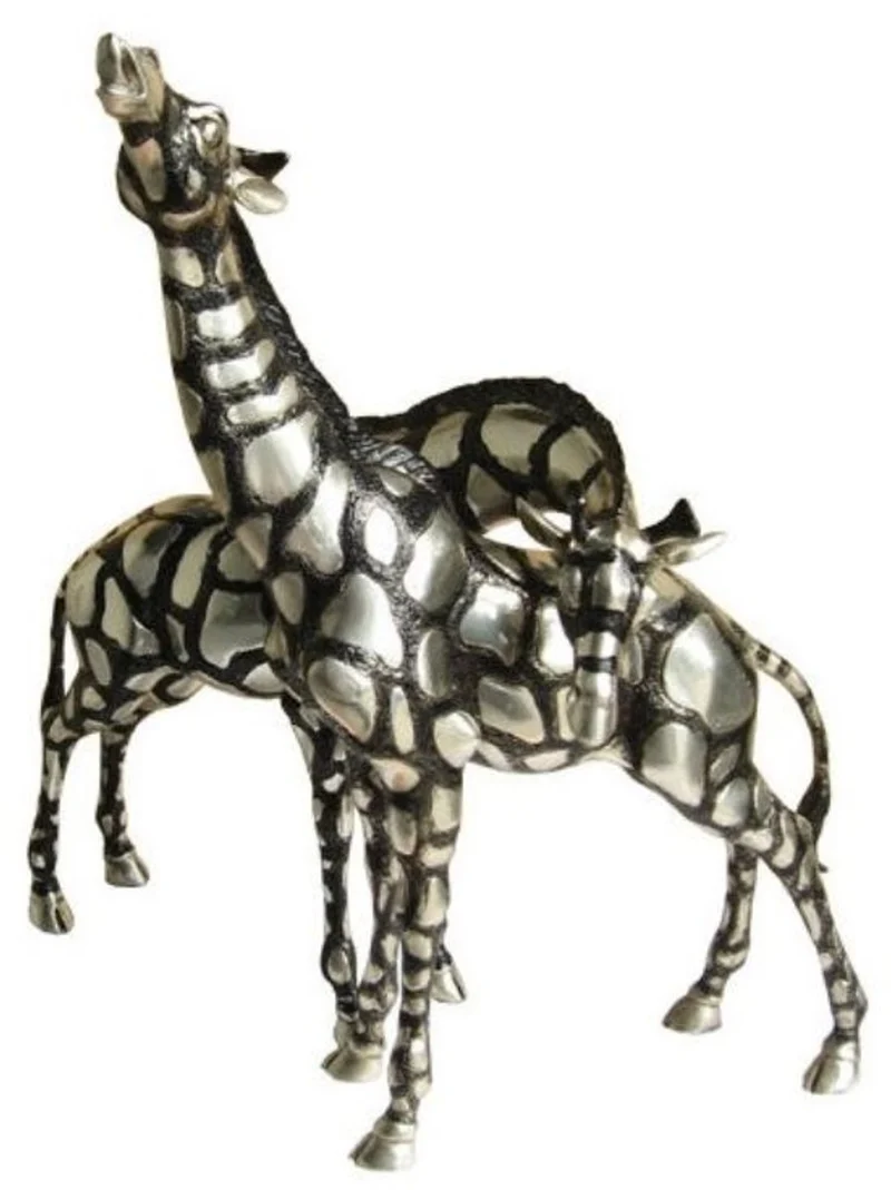 Casa Padrino Giraffen Bronzefiguren Set Silber / Schwarz 40 x 9 x H. 52 cm - Luxus Qualität