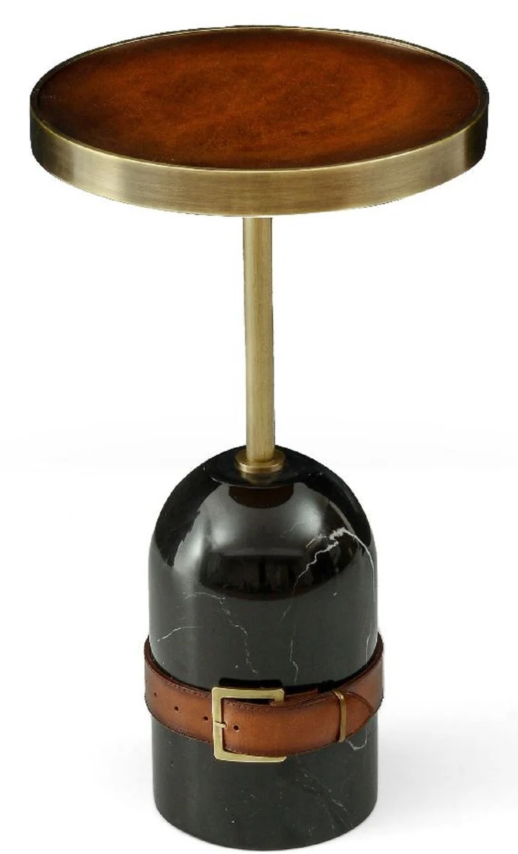 Casa Padrino Luxus Beistelltisch Braun / Messing / Schwarz Ø 29,5 x H. 51,5 cm - Runder Tisch mit Marmorfuß - Wohnzimmer Möbel - Luxus Möbel