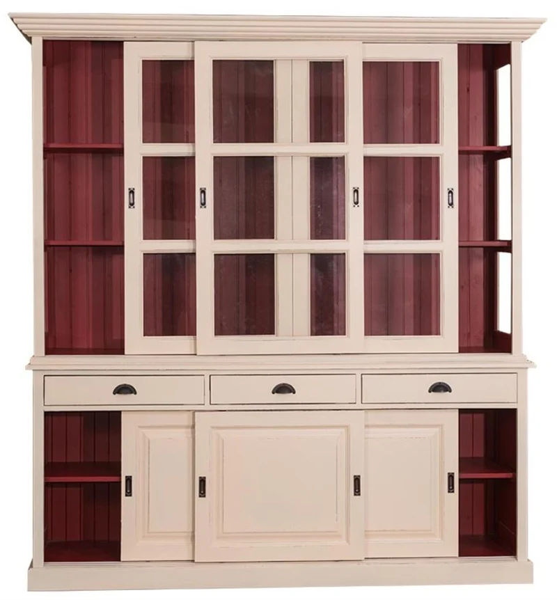 Casa Padrino Landhausstil Küchenschrank Antik Cremefarben / Rot 206 x 53 x H. 219 cm - 2 Teiliger Küchenschrank mit 6 Schiebetüren und 3 Schubladen