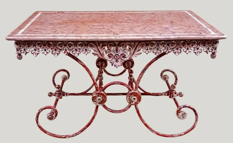 Casa Padrino Jugendstil Gartentisch aus Schmiedeeisen und Marmor in Antik Rot und Weiß, 130 x 80 x H. 75 cm