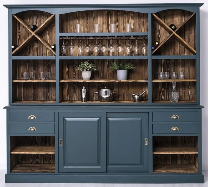 Casa Padrino Landhausstil Barschrank Blau / Dunkelbraun 240 x 50 x H. 210 cm - Massivholz Weinschrank im Landhausstil - Landhausstil Möbel - Bar Möbel im Landhausstil - Landhausstil Einrichtung