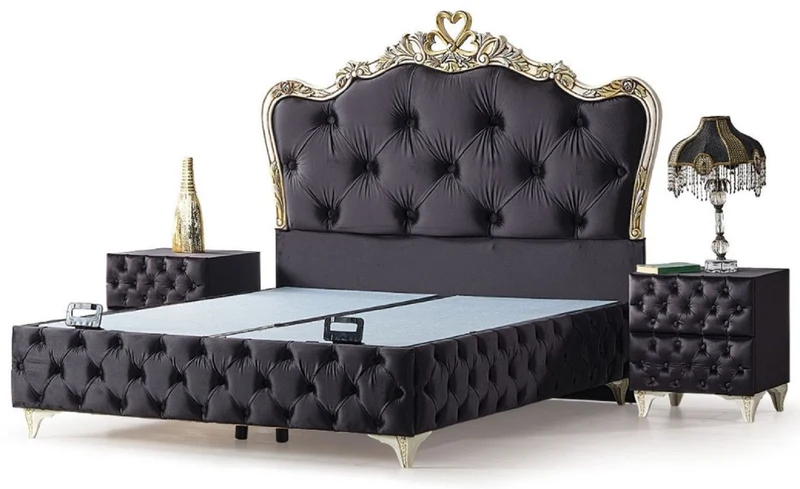 Casa Padrino Luxus Barock Schlafzimmer Möbel Set Schwarz / Cremefarben / Gold - Verschiedene Größen - 1 Barock Doppelbett & 2 Barock Nachtkommoden - Barock Schlafzimmer & Hotel Möbel