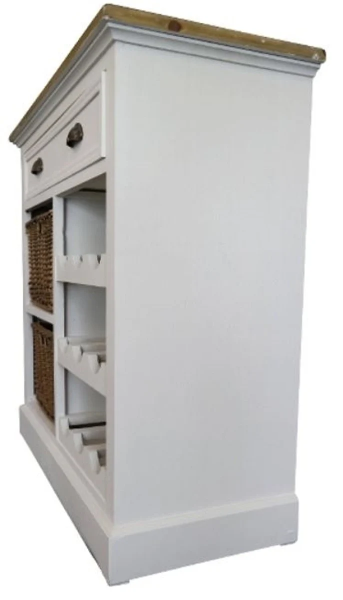 Casa Padrino Landhausstil Kommode mit Schublade, 2 Rattankörben und Flaschenablage, Antik Weiß / Naturfarben, 80 x 35 x H. 80 cm