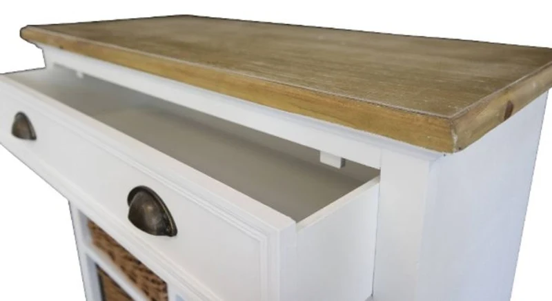 Casa Padrino Landhausstil Kommode mit Schublade, 2 Rattankörben und Flaschenablage, Antik Weiß / Naturfarben, 80 x 35 x H. 80 cm