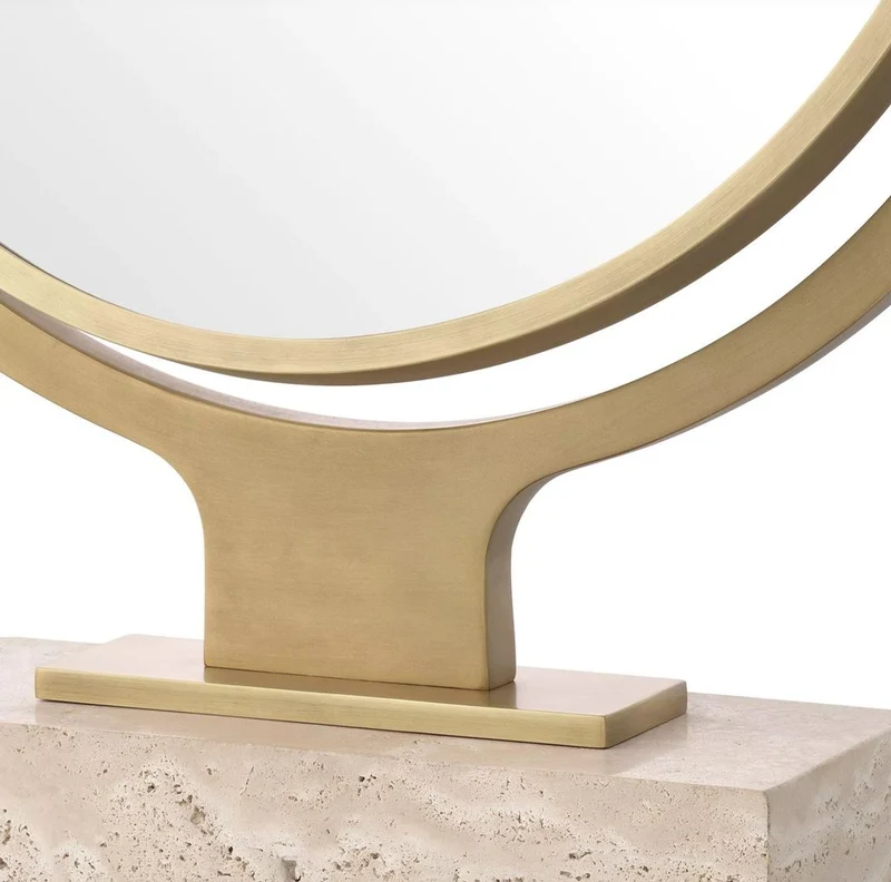 Casa Padrino Luxus Kosmetik Tischspiegel Antik Messing / Beige 50,5 x 12 x H. 56 cm - Runder verstellbarer Badezimmer Schmink Spiegel mit Travertin Sockel - Luxus Badezimmer Accessoires