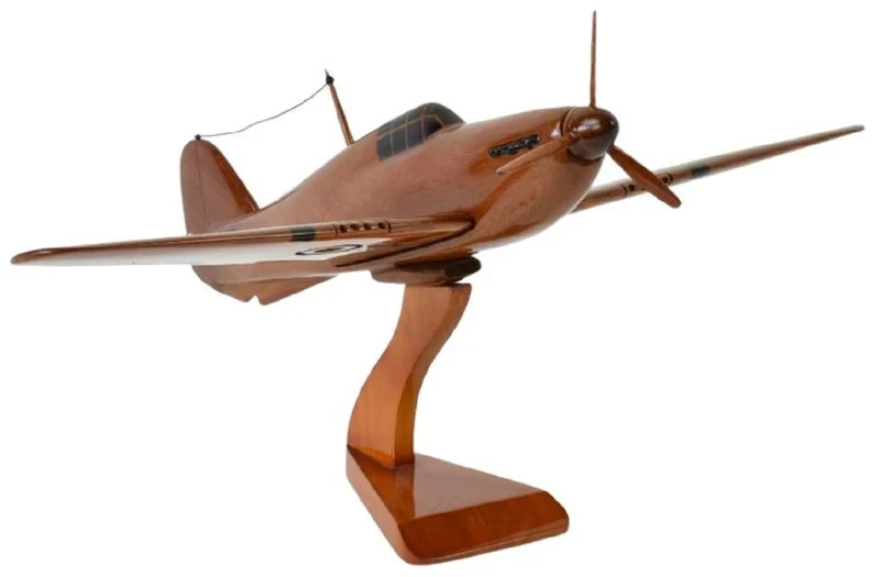 Casa Padrino Luxus Deko Jagdflugzeug Hawker Hurricane Braun / Schwarz 44 x 35 x H. 20 cm - Holz Flugzeug mit Ständer - Propellerflugzeug - Modellflugzeug - Schreibtisch Deko - Deko Accessoires
