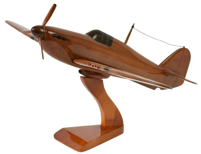 Casa Padrino Luxus Deko Jagdflugzeug Hawker Hurricane Braun / Schwarz 44 x 35 x H. 20 cm - Holz Flugzeug mit Ständer - Propellerflugzeug - Modellflugzeug - Schreibtisch Deko - Deko Accessoires