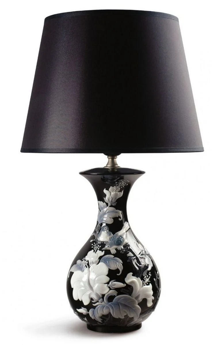 Casa Padrino Luxus Tischleuchte Spatzen & Blumen aus Porzellan Schwarz Ø 30 x H. 51 cm