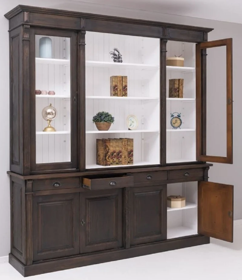 Casa Padrino Landhausstil Esszimmerschrank Dunkelbraun / Weiß 223 x 51 x H. 240 cm - Massivholz Schrank - Küchenschrank - Landhausstil Esszimmer Möbel