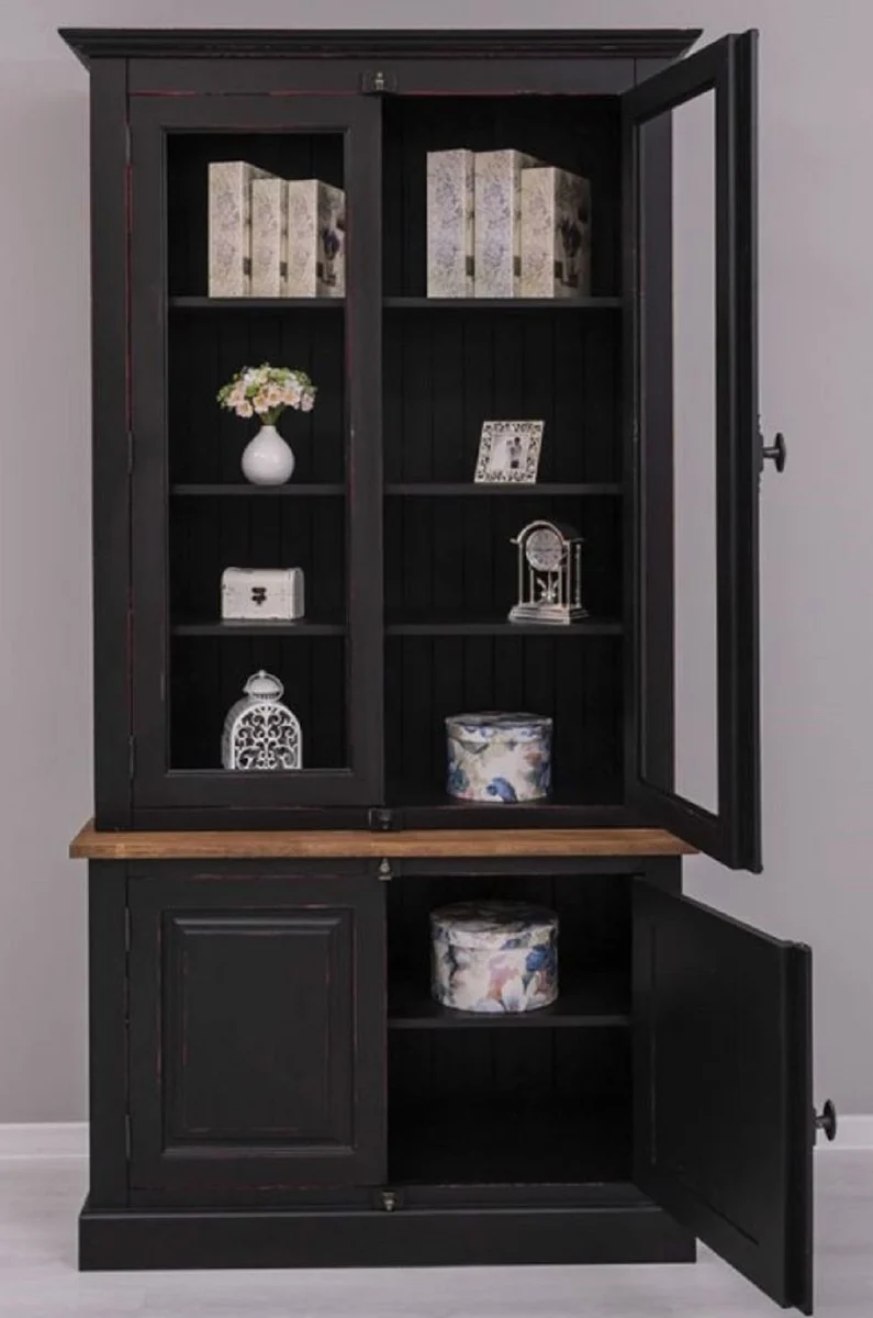 Casa Padrino Landhausstil Schrank Schwarz / Rot / Braun 120 x 50 x H. 228 cm - Massivholz Vitrine - Landhausstil Massivholz Möbel