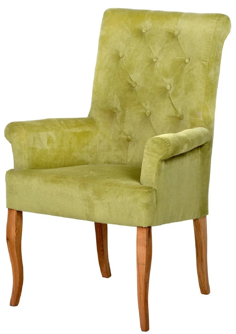 Casa Padrino Chesterfield Neo Barock Esszimmer Stuhl Grün / Naturfarben - Küchenstuhl mit Armlehnen - Esszimmer Möbel - Chesterfield Möbel - Neo Barock Möbel
