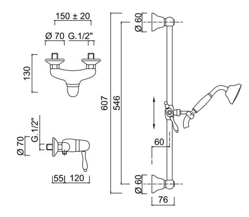 Luxus Badezimmer Duschgarnitur Aufputz-Einhebelbrausebatterie Silber / Weiß - Dusch Brauseset mit Brausestange