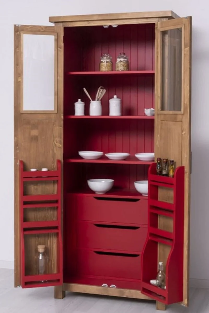 Casa Padrino Landhausstil Esszimmerschrank Naturfarben / Rot 96 x 65 x H. 220 cm - Massivholz Küchenschrank mit 2 Türen - Esszimmer Möbel im Landhausstil - Landhausstil Esszimmer Einrichtung