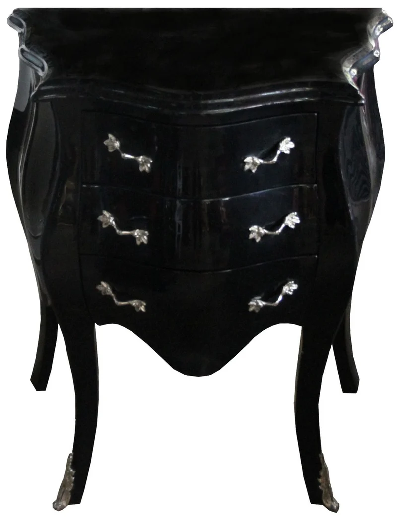 Casa Padrino Barock Kommode Schwarz / Silber H 74 cm, B 64 cm, T 40 cm - Nachttisch Kommode