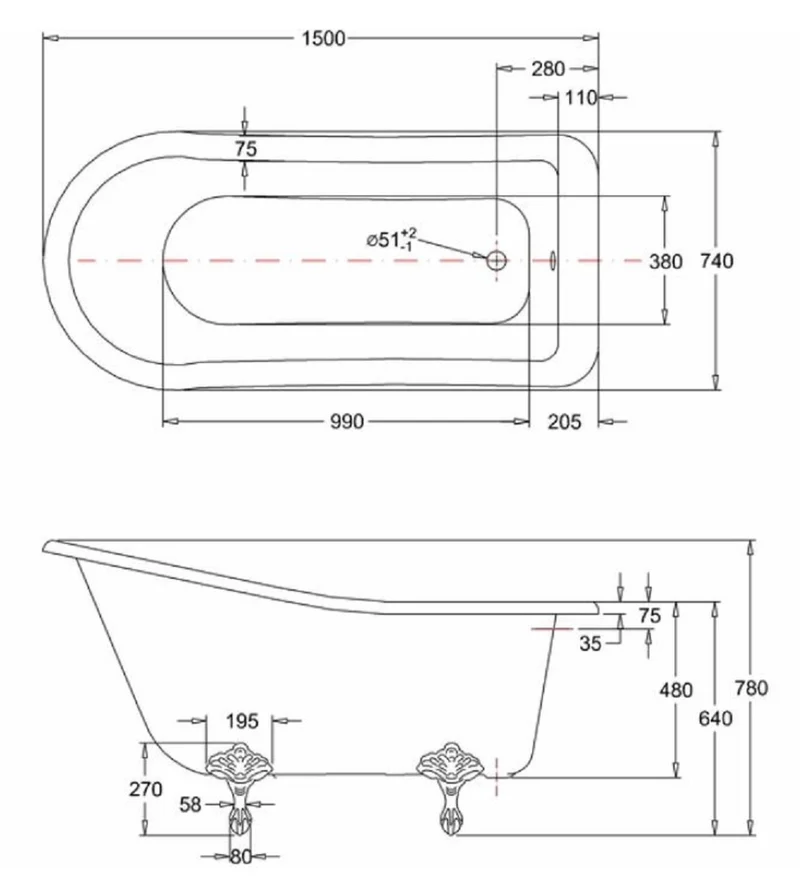 Casa Padrino Luxus Jugendstil Badewanne Weiß / Weiß 150 x 75 x H. 78 cm - Freistehende Retro Acryl Badewanne - Retro Badezimmer Möbel