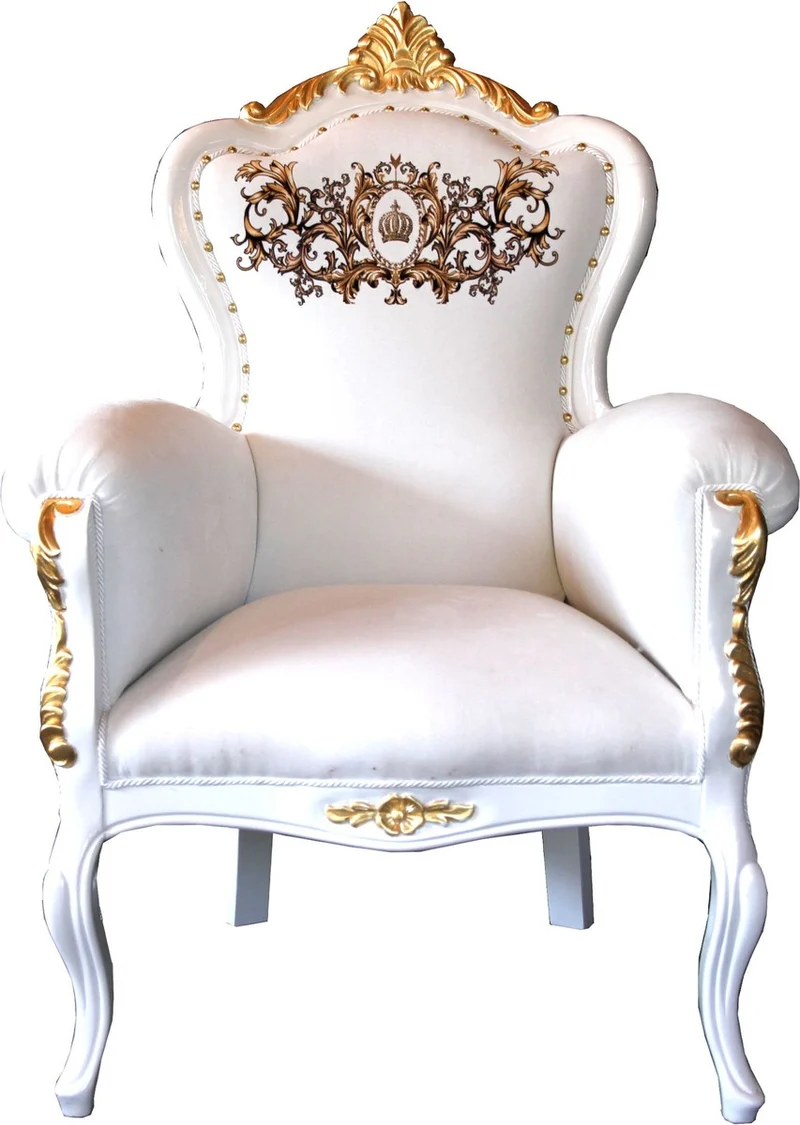 Pompöös by Casa Padrino Luxus Barock Sessel Bergere Weiß / Gold mit Glitzersteinen besetzt - Pompööser Barock Sessel designed by Harald Glööckler