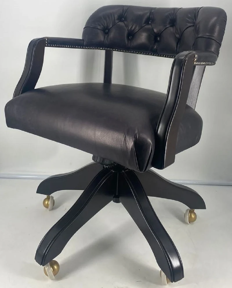Casa Padrino Luxus Leder Bürostuhl Schwarz / Schwarz 58 x 65 x H. 80-87 cm - Höhenverstellbarer Schreibtischstuhl - Echtleder Drehstuhl - Luxus Möbel - Büro Möbel - Echtleder Möbel - Möbel Luxus