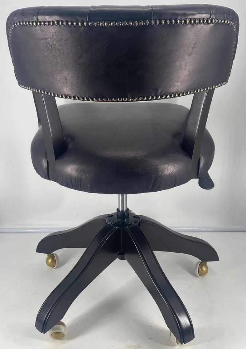 Casa Padrino Luxus Leder Bürostuhl Schwarz / Schwarz 58 x 65 x H. 80-87 cm - Höhenverstellbarer Schreibtischstuhl - Echtleder Drehstuhl - Luxus Möbel - Büro Möbel - Echtleder Möbel - Möbel Luxus