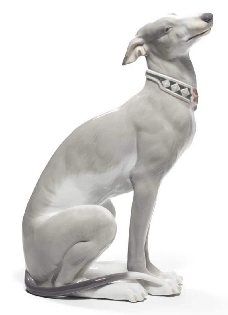 Casa Padrino Luxus Porzellan Skulptur Windhund in Grau / Weiß - Handgefertigte & Handbemalte Deko Figur - 11 x H. 30 cm