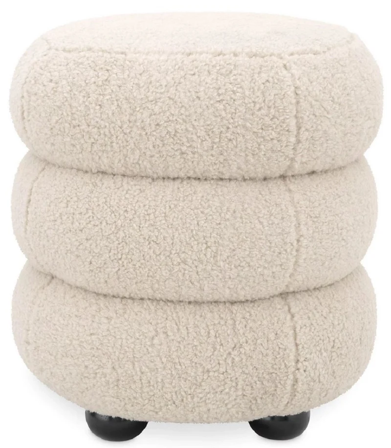 Casa Padrino Luxus Hocker Creme / Schwarz Ø 43 x H. 49,5 cm - Runder Wohnzimmer Sitzhocker - Gepolsterter Rundhocker - Wohnzimmer Möbel - Luxus Möbel - Luxus Einrichtung - Möbel Luxus