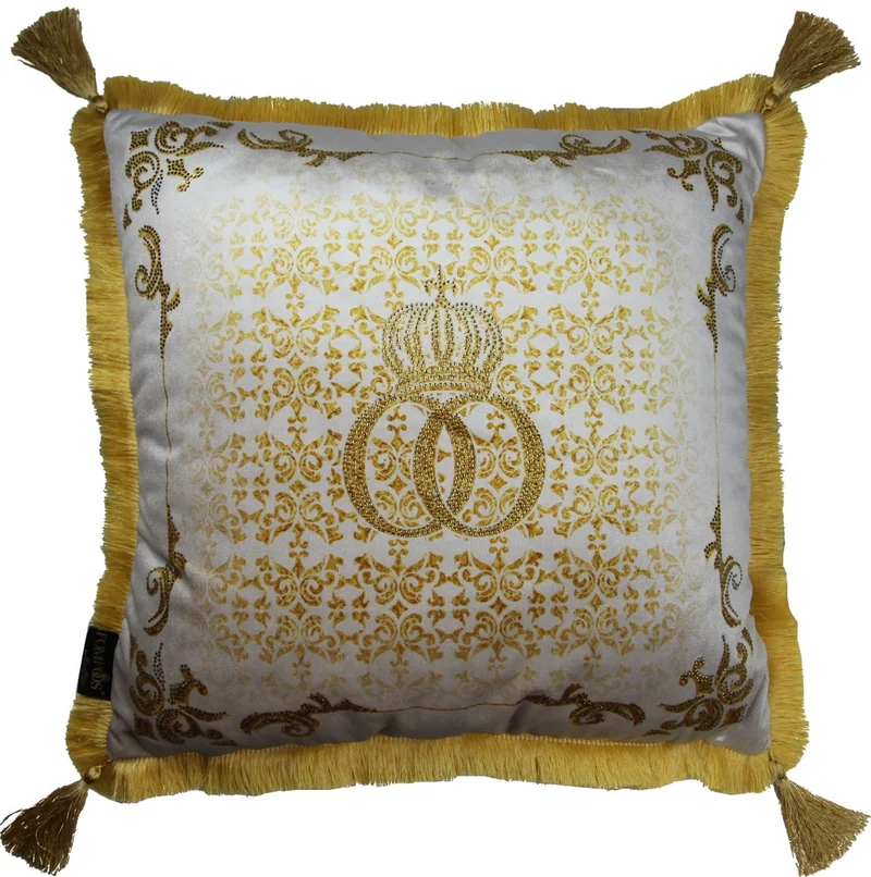 Casa Padrino Luxus Barock Kissen Pompöös by Harald Glööckler Creme / Gold, 50 x 50 cm, mit Krone, Strass und Troddeln