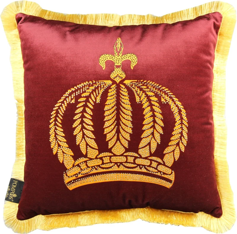 Casa Padrino Luxus Dekokissen Pompöös by Harald Glööckler Bordeaux / Gold mit Krone und Strass 50 x 50 cm