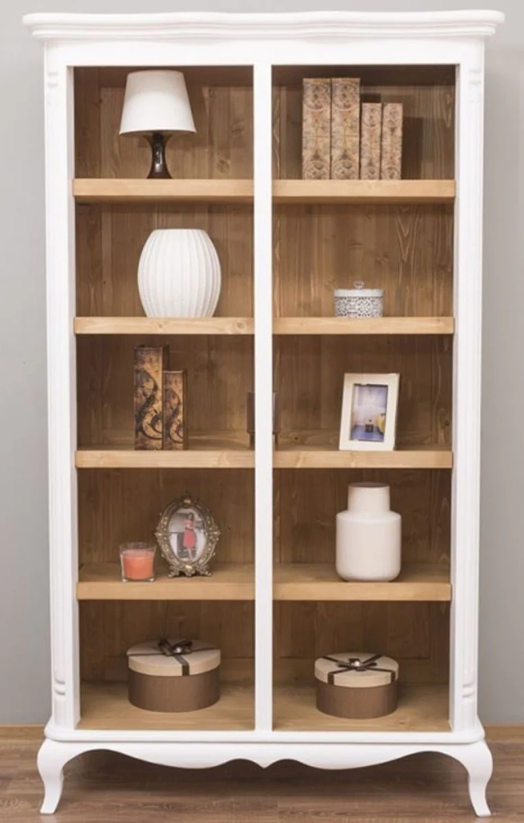 Casa Padrino Landhausstil Regalschrank Weiß / Naturfarben 112 x 49 x H. 190 cm - Massivholz Bücherschrank - Wohnzimmerschrank - Büroschrank - Möbel im Landhausstil