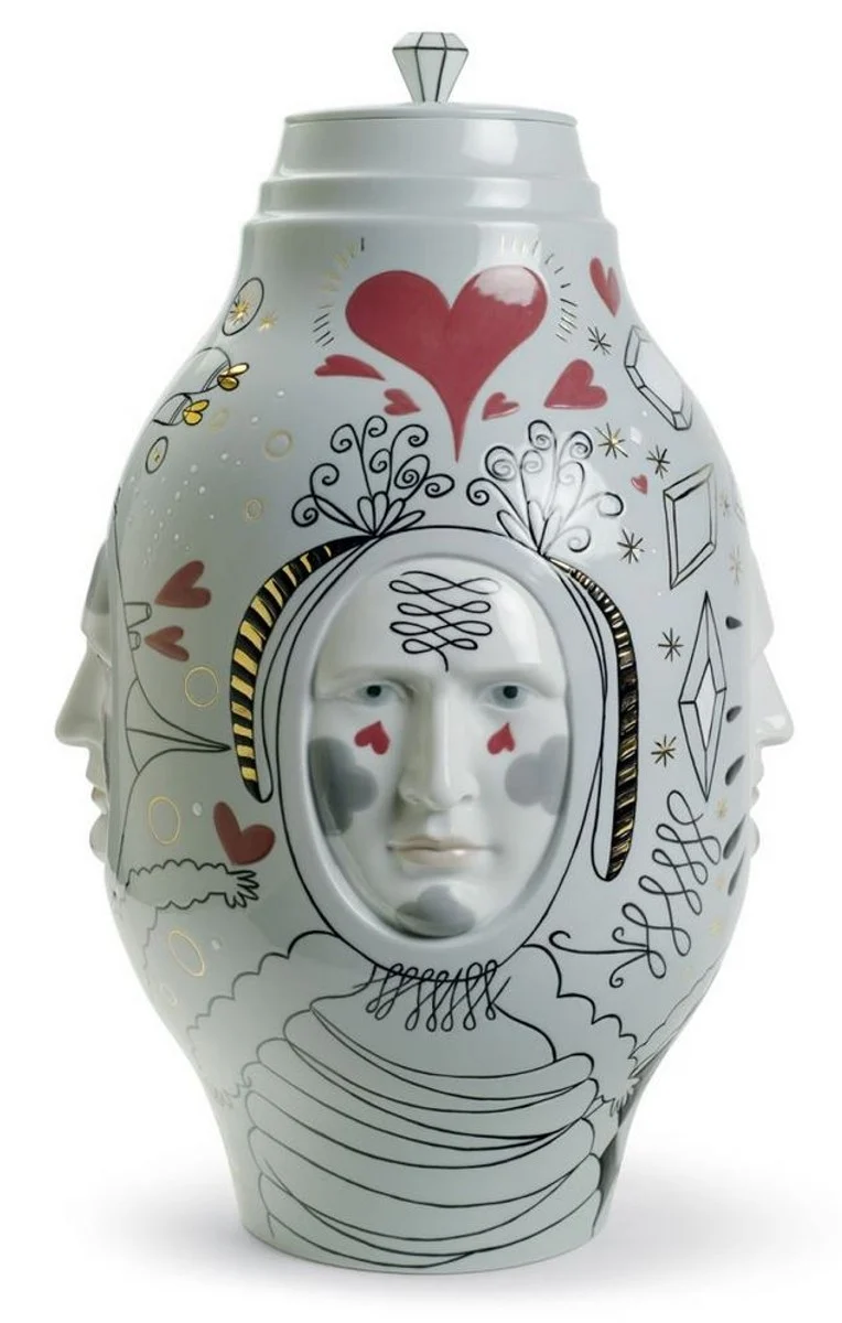 Casa Padrino Designer Porzellan Vase mit Deckel Grau / Mehrfarbig Ø 27 x H. 39 cm - Handgefertigtes & Handbemaltes Luxus Deko Objekt
