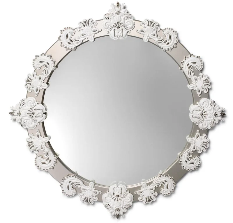 Casa Padrino Designer Wandspiegel in Silber und Weiß, Ø 124 cm, Luxusspiegel mit handgefertigter spanischer Porzellan-Dekoration