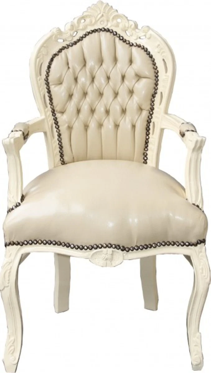 Casa Padrino Barock Esszimmerstuhl mit Armlehnen, Creme / Creme, 108 x 53 x 57 cm
