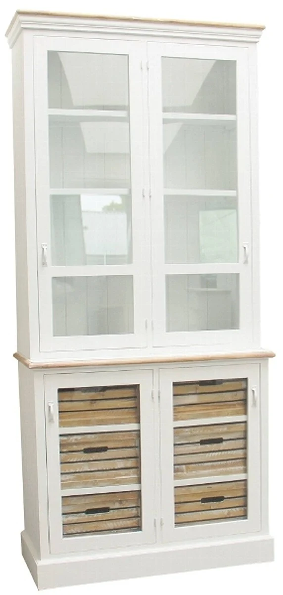 Casa Padrino Landhausstil Vitrinenschrank, Antik Weiß / Naturfarben, 93 x 40 x H. 200 cm